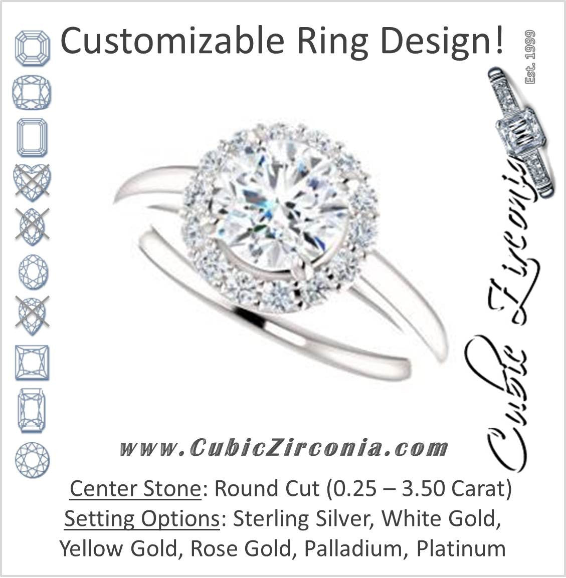 Cubic Zirconia Engagement Ring- The Tyra (Customizable Cathedral-set Round Cut Style with Halo, Decorative Trellis and Thin Band)
