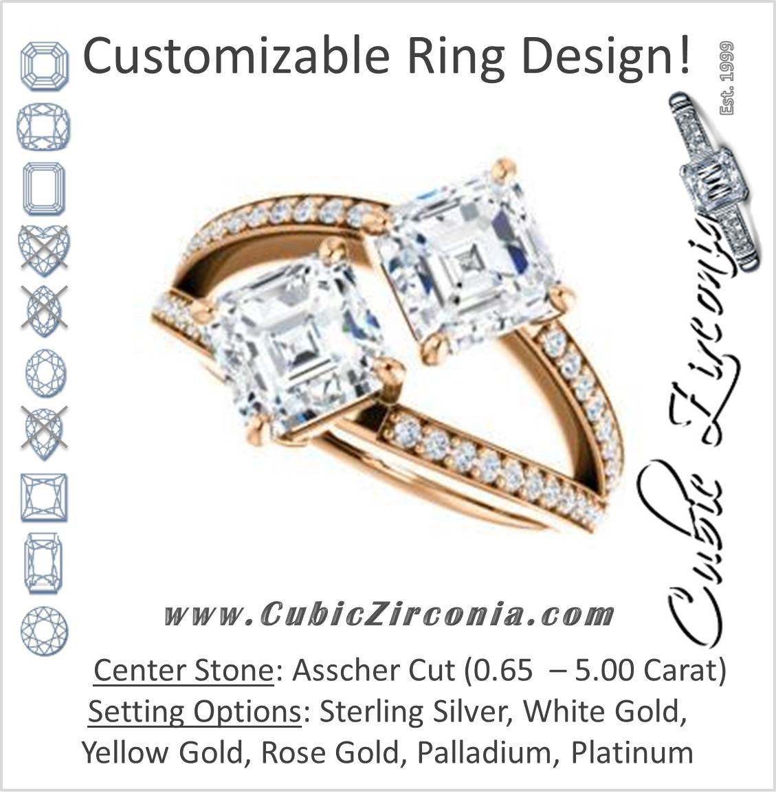 Cubic Zirconia Engagement Ring- The Valentina (Customizable 2-stone Double Asscher Cut Design with Wide Split-Pavé Band)