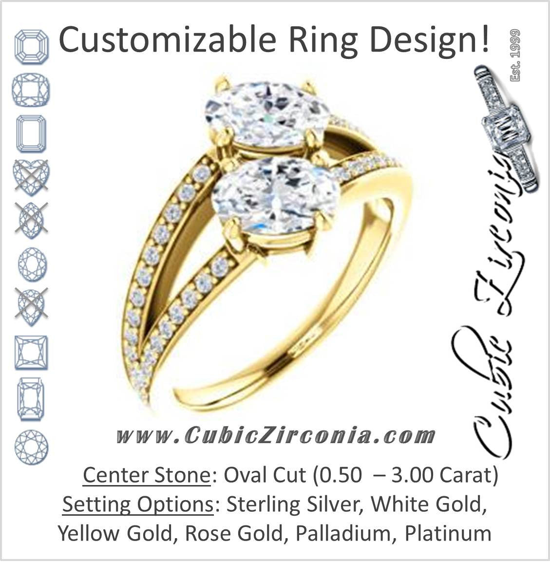 Cubic Zirconia Engagement Ring- The Valentina (Customizable 2-stone Double Oval Cut Design with Wide Split-Pavé Band)