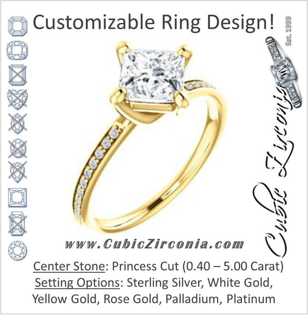 Cubic Zirconia Engagement Ring- The Valeria (Customizable Kite-setting Princess Cut Center featuring Thin Pavé Band)