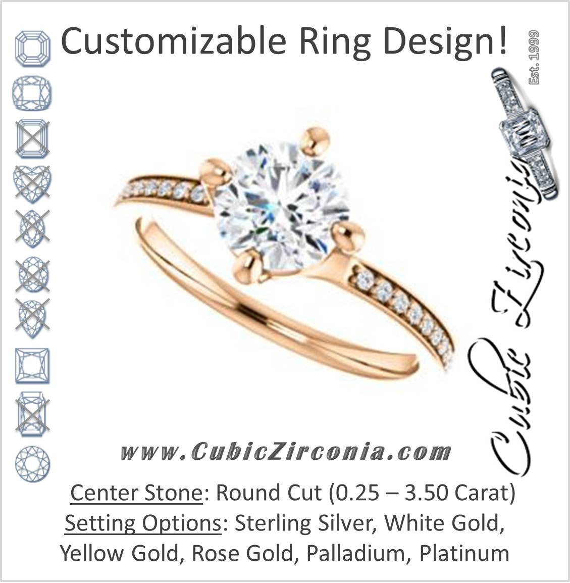 Cubic Zirconia Engagement Ring- The Valeria (Customizable Kite-setting Round Cut Center featuring Thin Pavé Band)