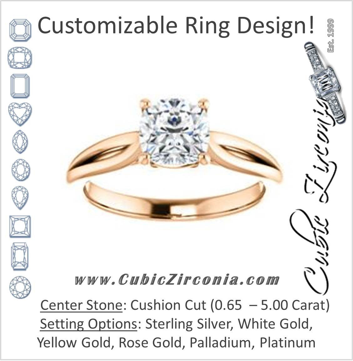 Cubic Zirconia Engagement Ring- The Viola (Customizable Cushion Cut Solitaire with Curving Tapered Split Band)