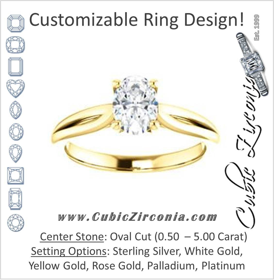 Cubic Zirconia Engagement Ring- The Viola (Customizable Oval Cut Solitaire with Curving Tapered Split Band)