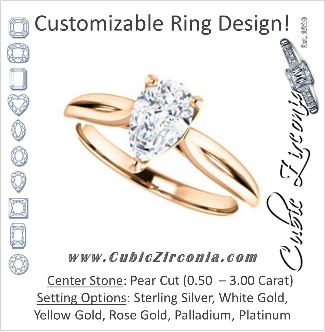 Cubic Zirconia Engagement Ring- The Viola (Customizable Pear Cut Solitaire with Curving Tapered Split Band)