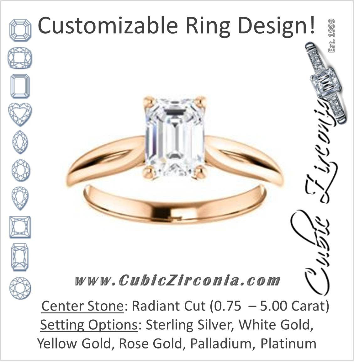 Cubic Zirconia Engagement Ring- The Viola (Customizable Radiant Cut Solitaire with Curving Tapered Split Band)