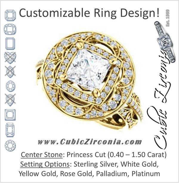 Cubic Zirconia Engagement Ring- The Violet (Customizable Princess Cut 2x Halo Blossom Setting with Intricate Triple-Row Pavé Split Band)