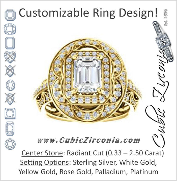 Cubic Zirconia Engagement Ring- The Violet (Customizable Radiant Cut 2x Halo Blossom Setting with Intricate Triple-Row Pavé Split Band)