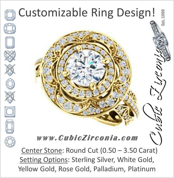 Cubic Zirconia Engagement Ring- The Violet (Customizable Round Cut 2x Halo Blossom Setting with Intricate Triple-Row Pavé Split Band)