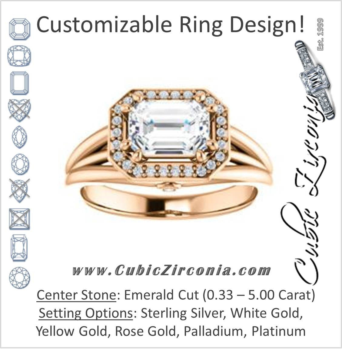 Cubic Zirconia Engagement Ring- The Wanda Lea (Customizable Emerald Cut Halo-style with Ultrawide Tri-split Band & Peekaboo Accents)