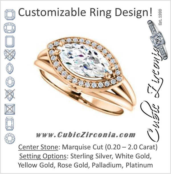 Cubic Zirconia Engagement Ring- The Wanda Lea (Customizable Marquise Cut Halo-style with Ultrawide Tri-split Band & Peekaboo Accents)