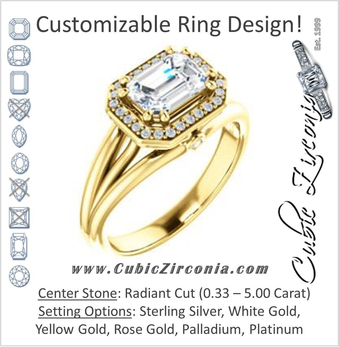 Cubic Zirconia Engagement Ring- The Wanda Lea (Customizable Radiant Cut Halo-style with Ultrawide Tri-split Band & Peekaboo Accents)