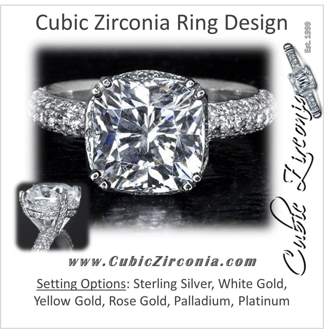 CZ Ring- The Wende, Cushion Cut Pave Band Prong Accents – Cubic Zirconia CZ