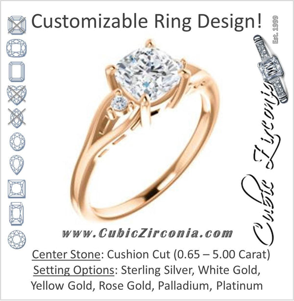 Cubic Zirconia Engagement Ring- The Willie Jo (Customizable 3-stone Cushion Cut Design with Small Round Cut Accents and Decorative Cathedral Trellis)