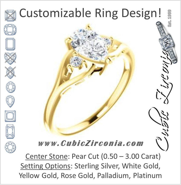 Cubic Zirconia Engagement Ring- The Willie Jo (Customizable 3-stone Pear Cut Design with Small Round Cut Accents and Decorative Cathedral Trellis)