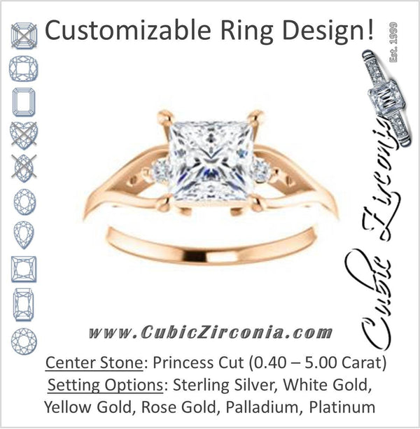 Cubic Zirconia Engagement Ring- The Willie Jo (Customizable 3-stone Princess Cut Design with Small Round Cut Accents and Decorative Cathedral Trellis)