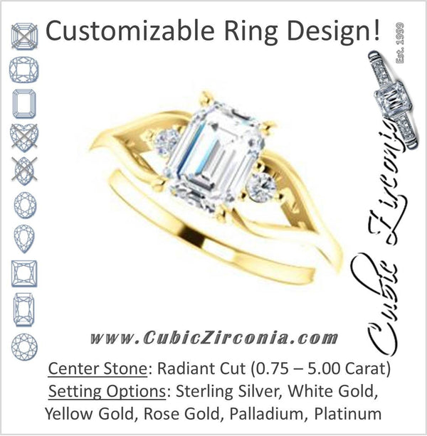 Cubic Zirconia Engagement Ring- The Willie Jo (Customizable 3-stone Radiant Cut Design with Small Round Cut Accents and Decorative Cathedral Trellis)