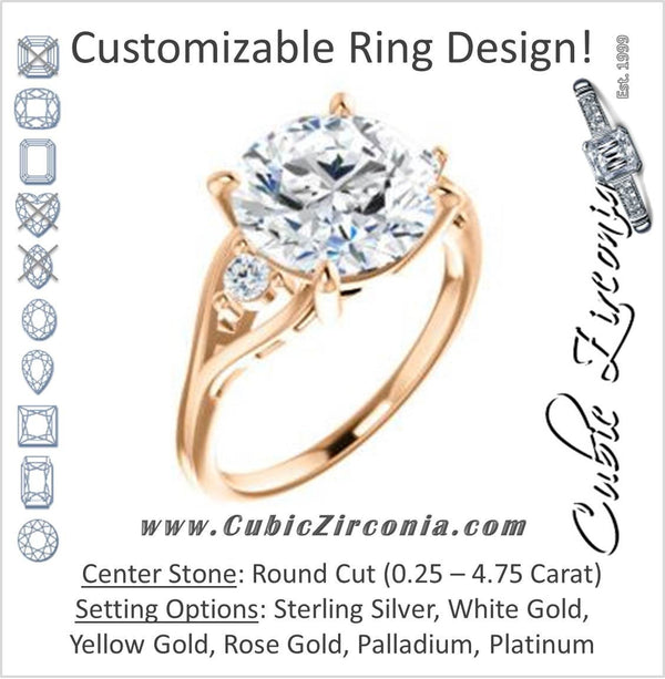 Cubic Zirconia Engagement Ring- The Willie Jo (Customizable 3-stone Round Cut Design with Small Round Cut Accents and Decorative Cathedral Trellis)