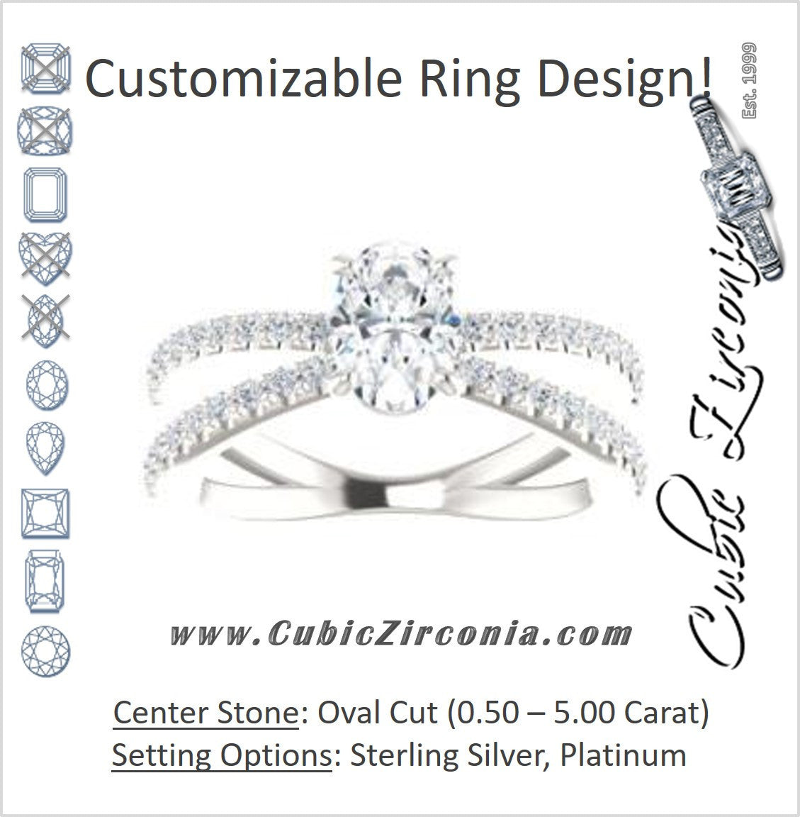 Cubic Zirconia Engagement Ring- The Yasmeen (Customizable Oval Cut Style with Wide X-Split Pavé Band)