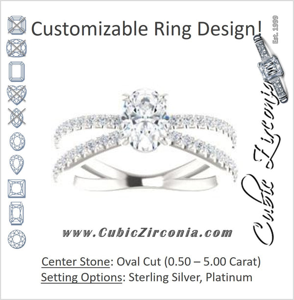 Cubic Zirconia Engagement Ring- The Yasmeen (Customizable Oval Cut Style with Wide X-Split Pavé Band)