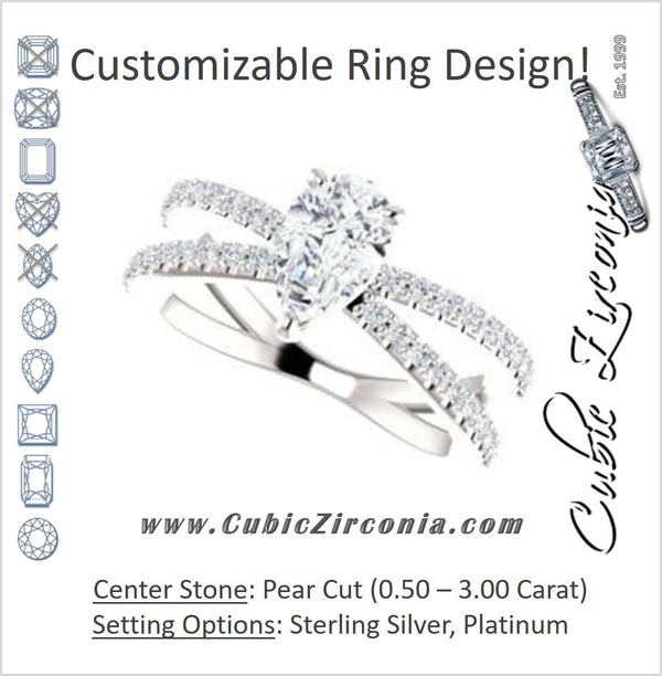 Cubic Zirconia Engagement Ring- The Yasmeen (Customizable Pear Cut Style with Wide X-Split Pavé Band)