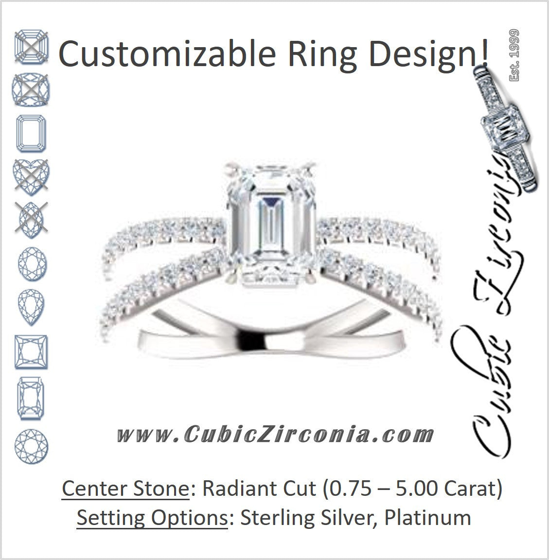 Cubic Zirconia Engagement Ring- The Yasmeen (Customizable Radiant Cut Style with Wide X-Split Pavé Band)