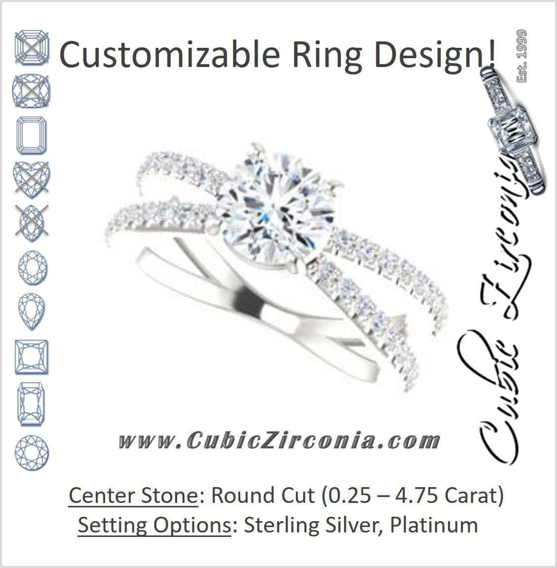 Cubic Zirconia Engagement Ring- The Yasmeen (Customizable Round Cut Style with Wide X-Split Pavé Band)