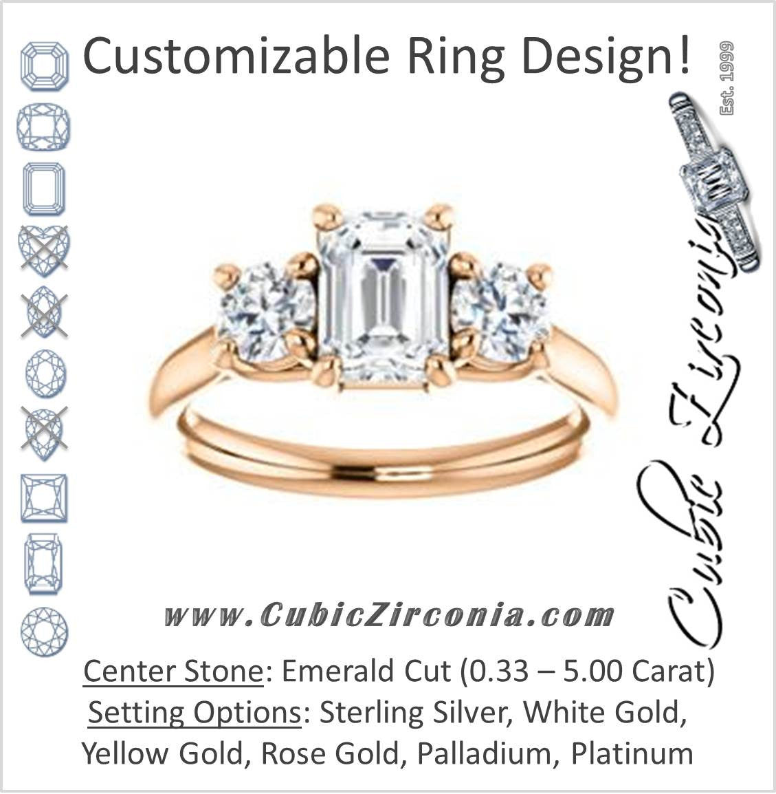Cubic Zirconia Engagement Ring- The Yolonda (Customizable 3-stone Cathedral-set Design with Emerald Cut Center and Round Cut Accents)
