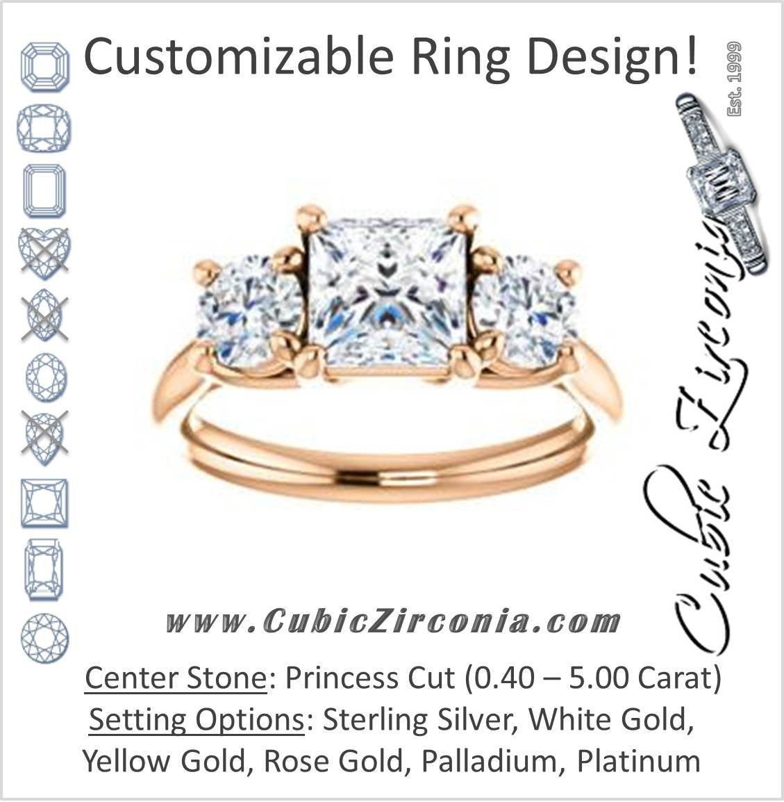 Cubic Zirconia Engagement Ring- The Yolonda (Customizable 3-stone Cathedral-set Design with Princess Cut Center and Round Cut Accents)