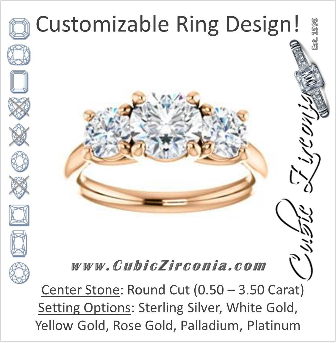 Cubic Zirconia Engagement Ring- The Yolonda (Customizable 3-stone Cathedral-set Design with Round Cut Center and Round Cut Accents)