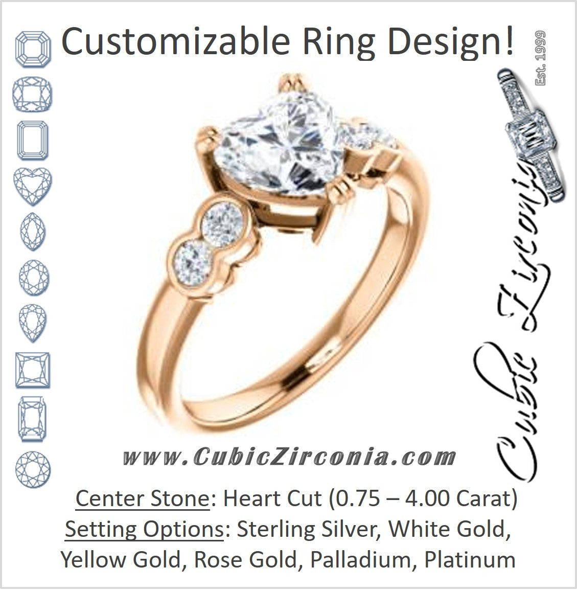 CZ Ring- The Yucsin: Heart Cut 5-stone Design, Round Bezel Accents