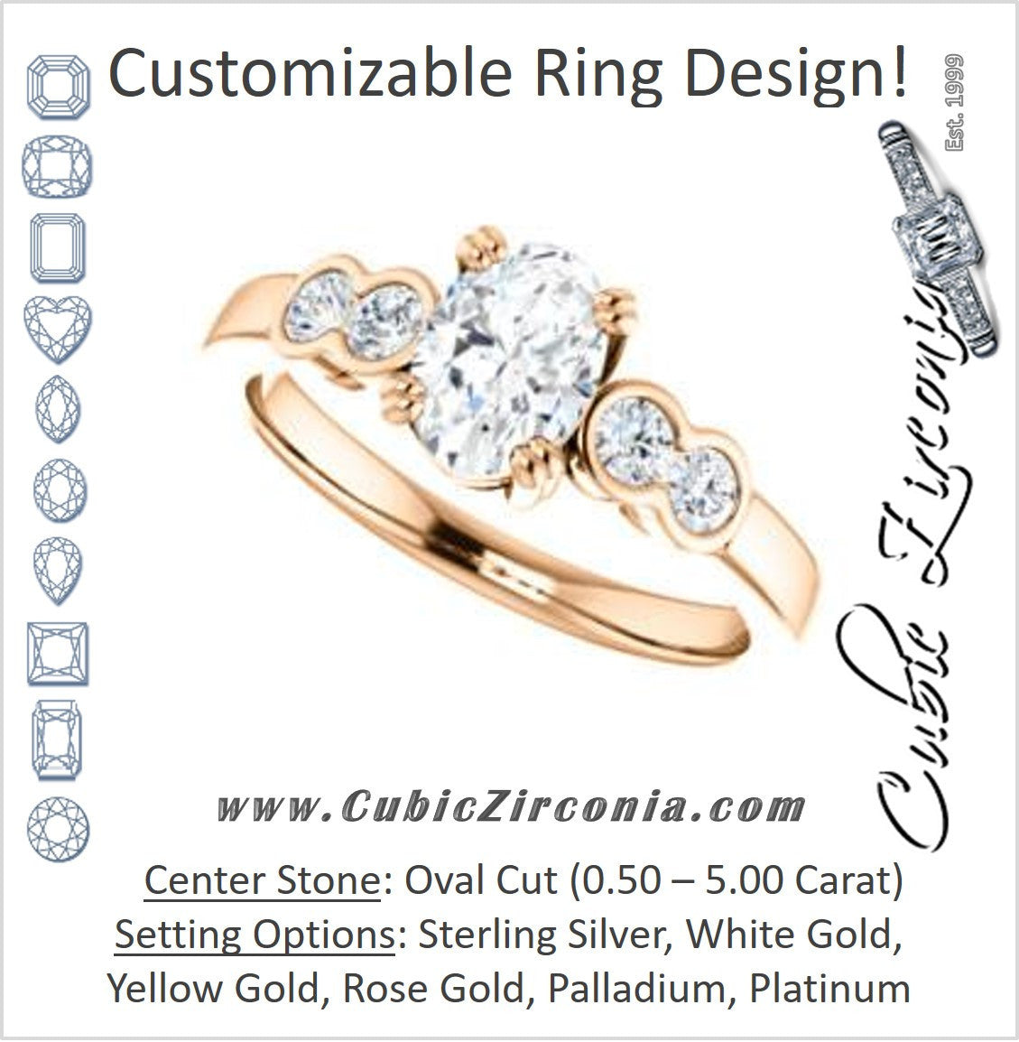 Cubic Zirconia Engagement Ring- The Yucsin (Customizable Oval Cut Five-stone Design with Round Bezel Accents)