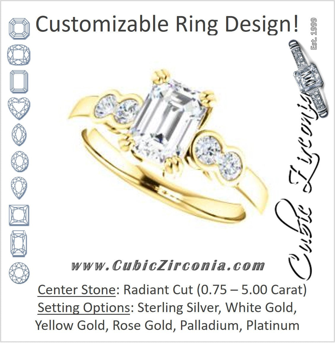 Cubic Zirconia Engagement Ring- The Yucsin (Customizable Radiant Cut Five-stone Design with Round Bezel Accents)