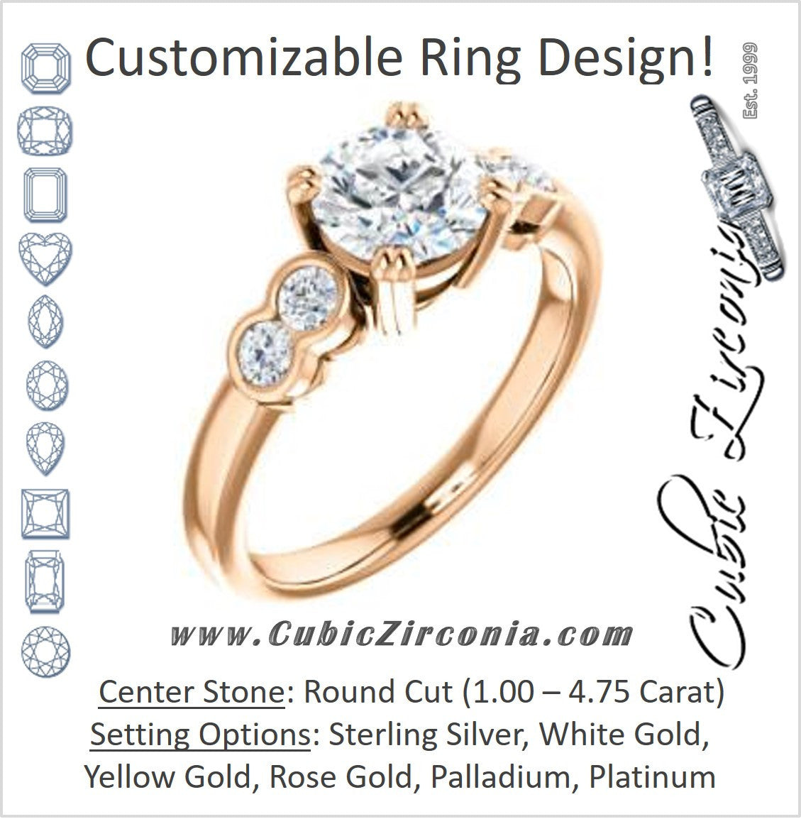 Cubic Zirconia Engagement Ring- The Yucsin (Customizable Round Cut Five-stone Design with Round Bezel Accents)