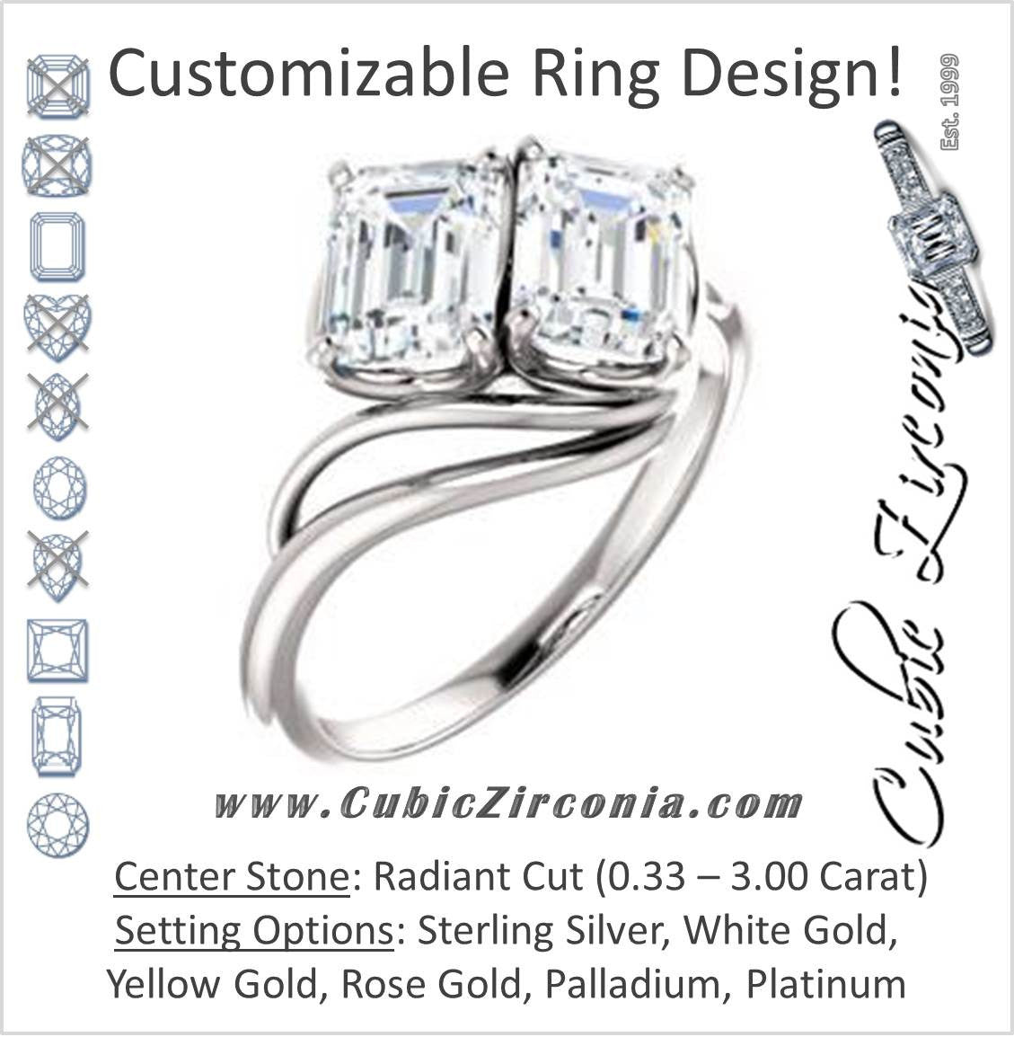 Cubic Zirconia Engagement Ring- The Yuli (Customizable 2-stone Radiant Cut Design with Artisan Bypass Split Band)