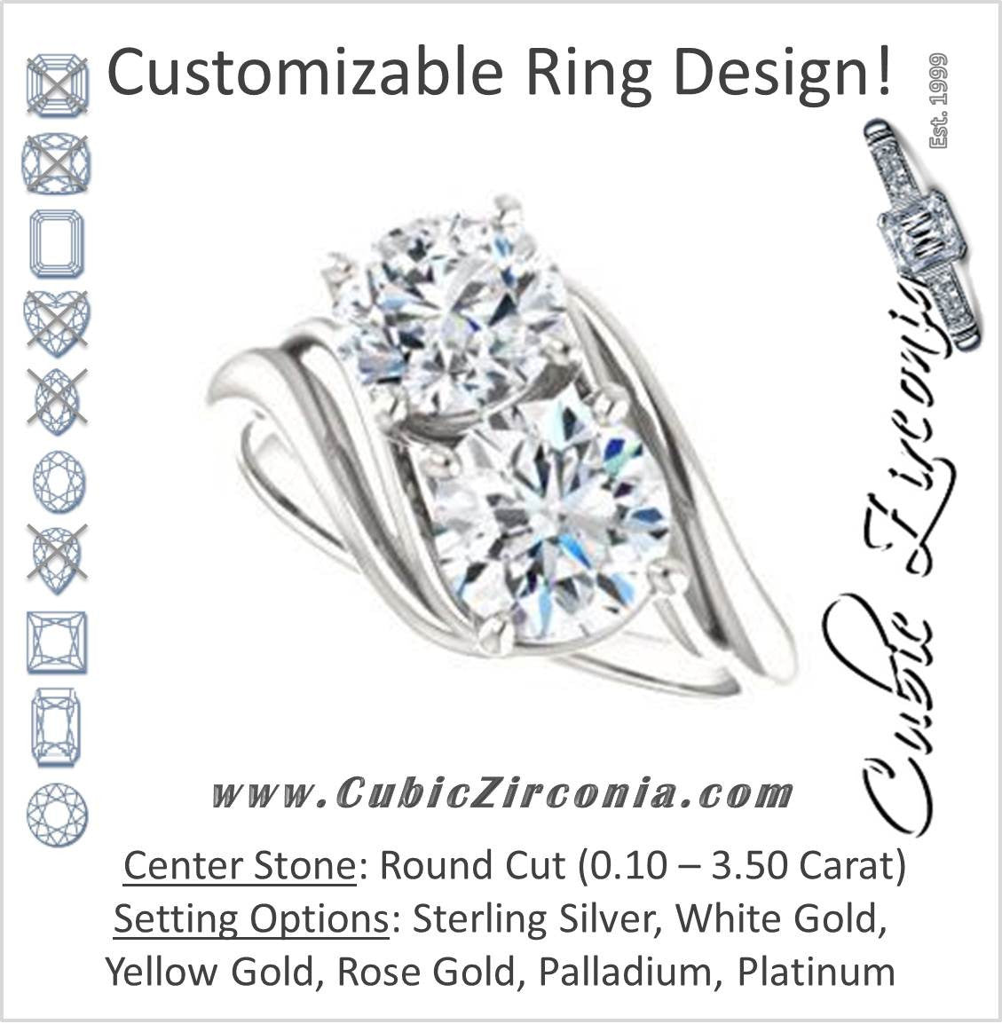 Cubic Zirconia Engagement Ring- The Yuli (Customizable 2-stone Round Cut Design with Artisan Bypass Split Band)
