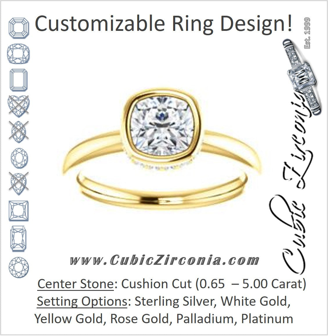 Cubic Zirconia Engagement Ring The Zakiya Customizable Bezel set Cushion Cut Design with Filigree Fleur de Lis Trellis Under Halo Accents