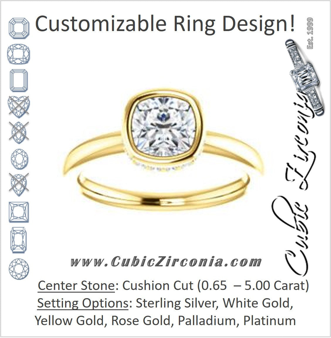Cubic Zirconia Engagement Ring- The Zakiya (Customizable Bezel-set Cushion Cut Design with Filigree Fleur-de-Lis Trellis & Under-Halo Accents)