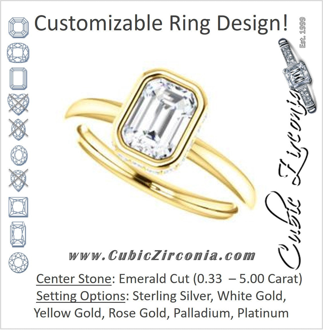 Cubic Zirconia Engagement Ring- The Zakiya (Customizable Bezel-set Emerald Cut Design with Filigree Fleur-de-Lis Trellis & Under-Halo Accents)