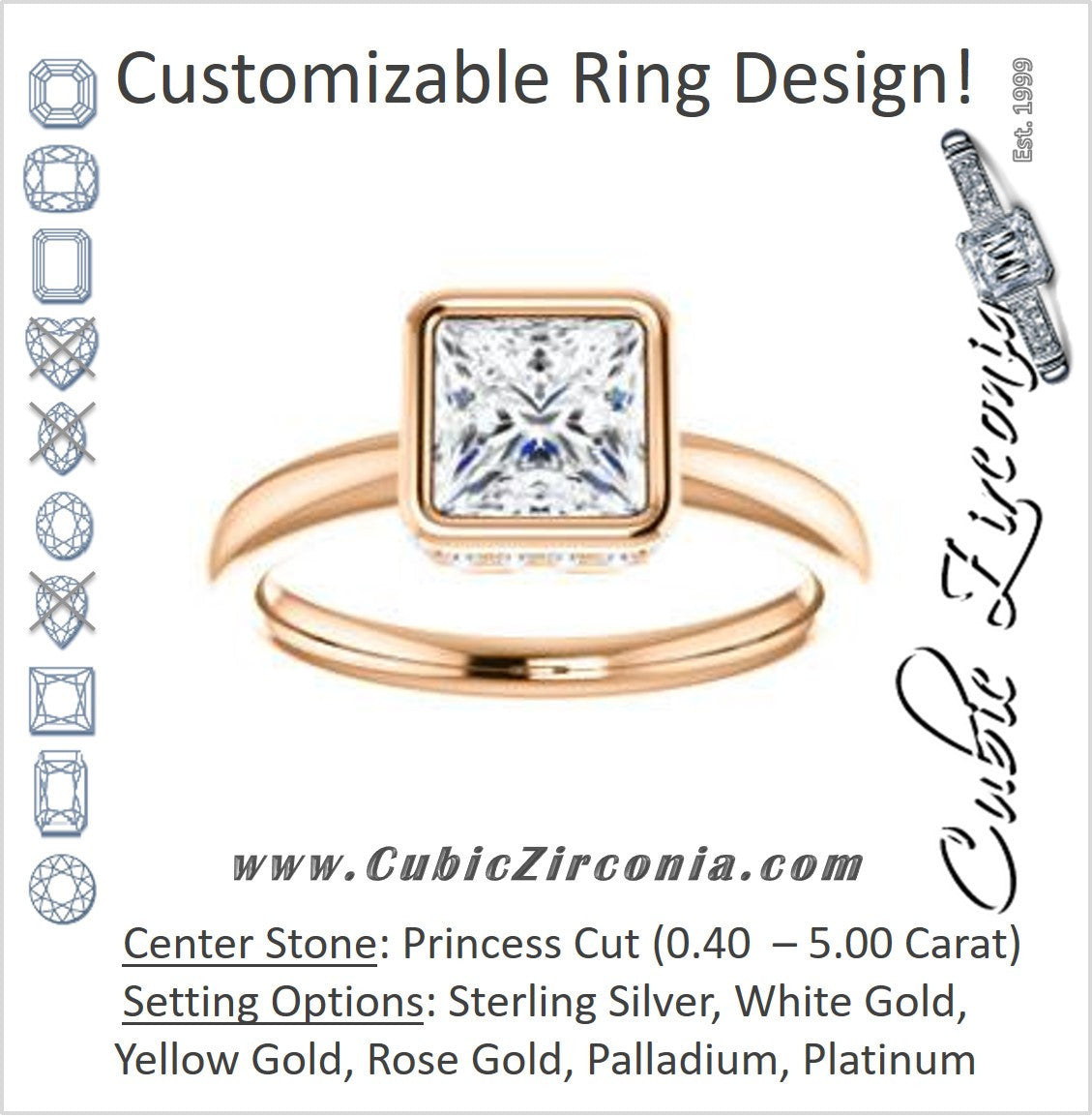 Cubic Zirconia Engagement Ring- The Zakiya (Customizable Bezel-set Princess Cut Design with Filigree Fleur-de-Lis Trellis & Under-Halo Accents)