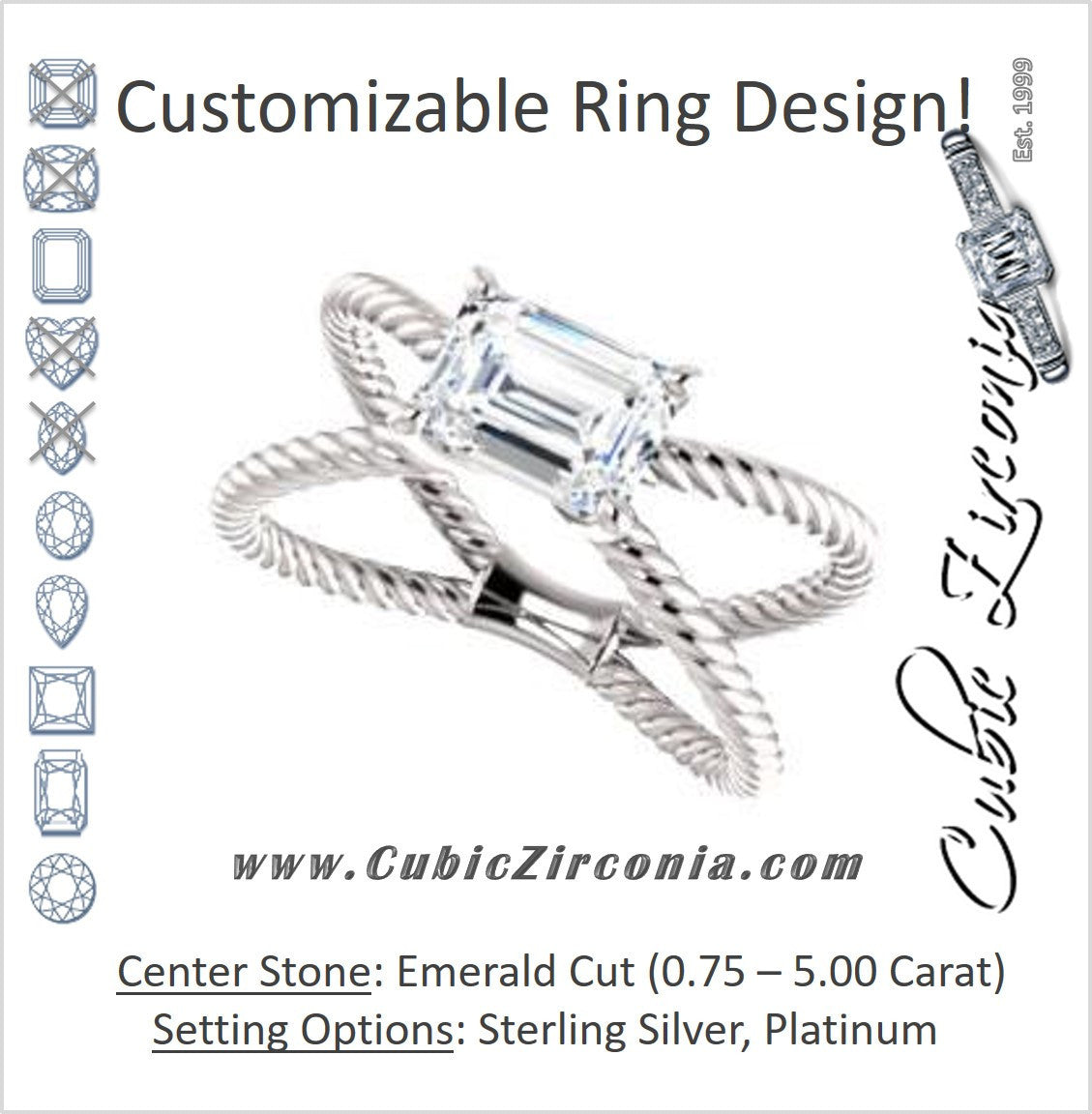 Cubic Zirconia Engagement Ring- The Zaylee (Customizable Emerald Cut Solitaire with Wide Rope-Braiding "X" Split Band)