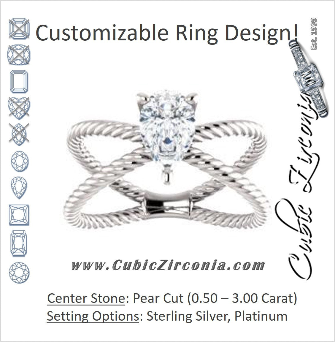 Cubic Zirconia Engagement Ring- The Zaylee (Customizable Pear Cut Solitaire with Wide Rope-Braiding "X" Split Band)