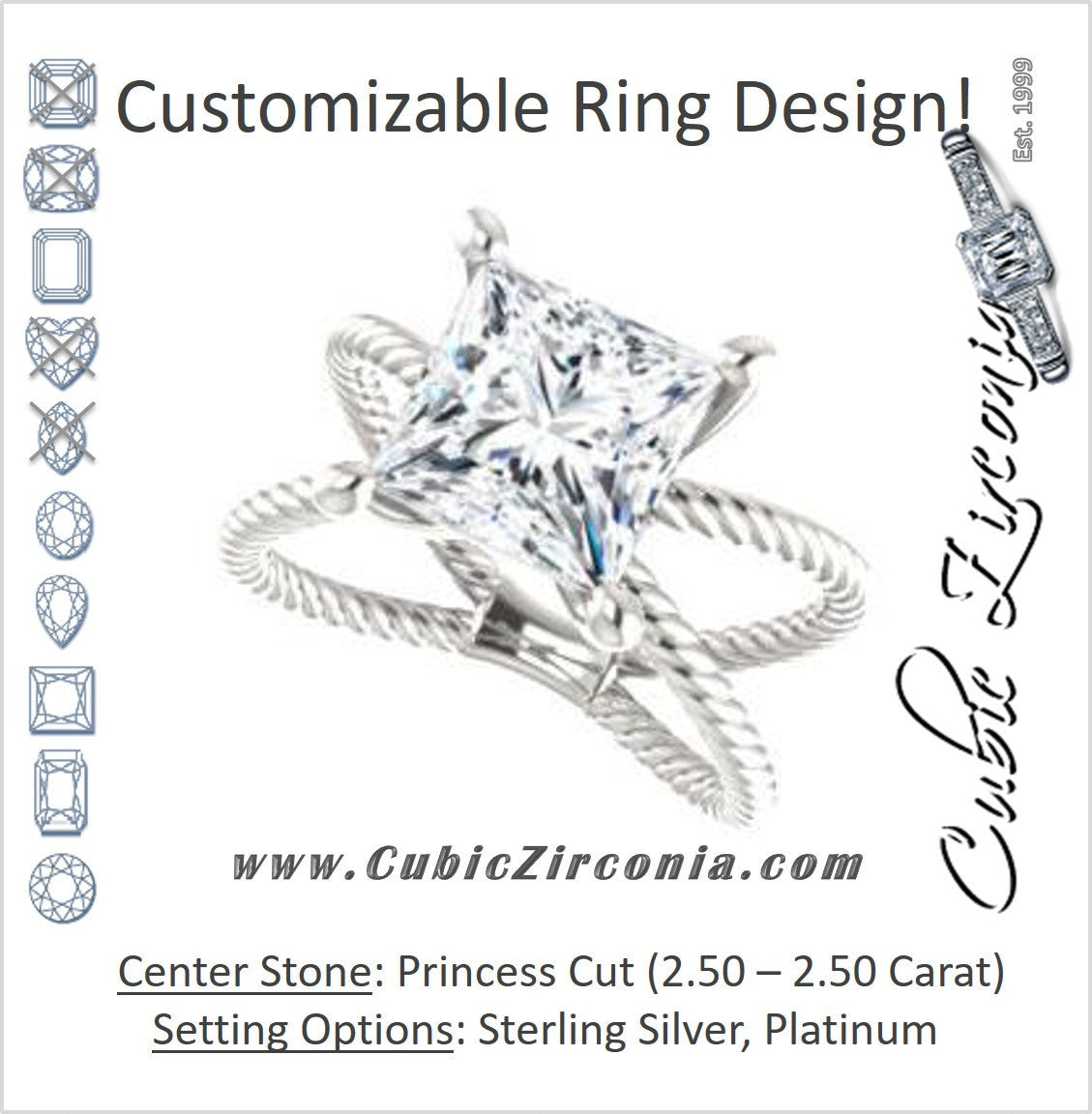 Cubic Zirconia Engagement Ring- The Zaylee (Customizable Princess Cut Solitaire with Wide Rope-Braiding "X" Split Band)