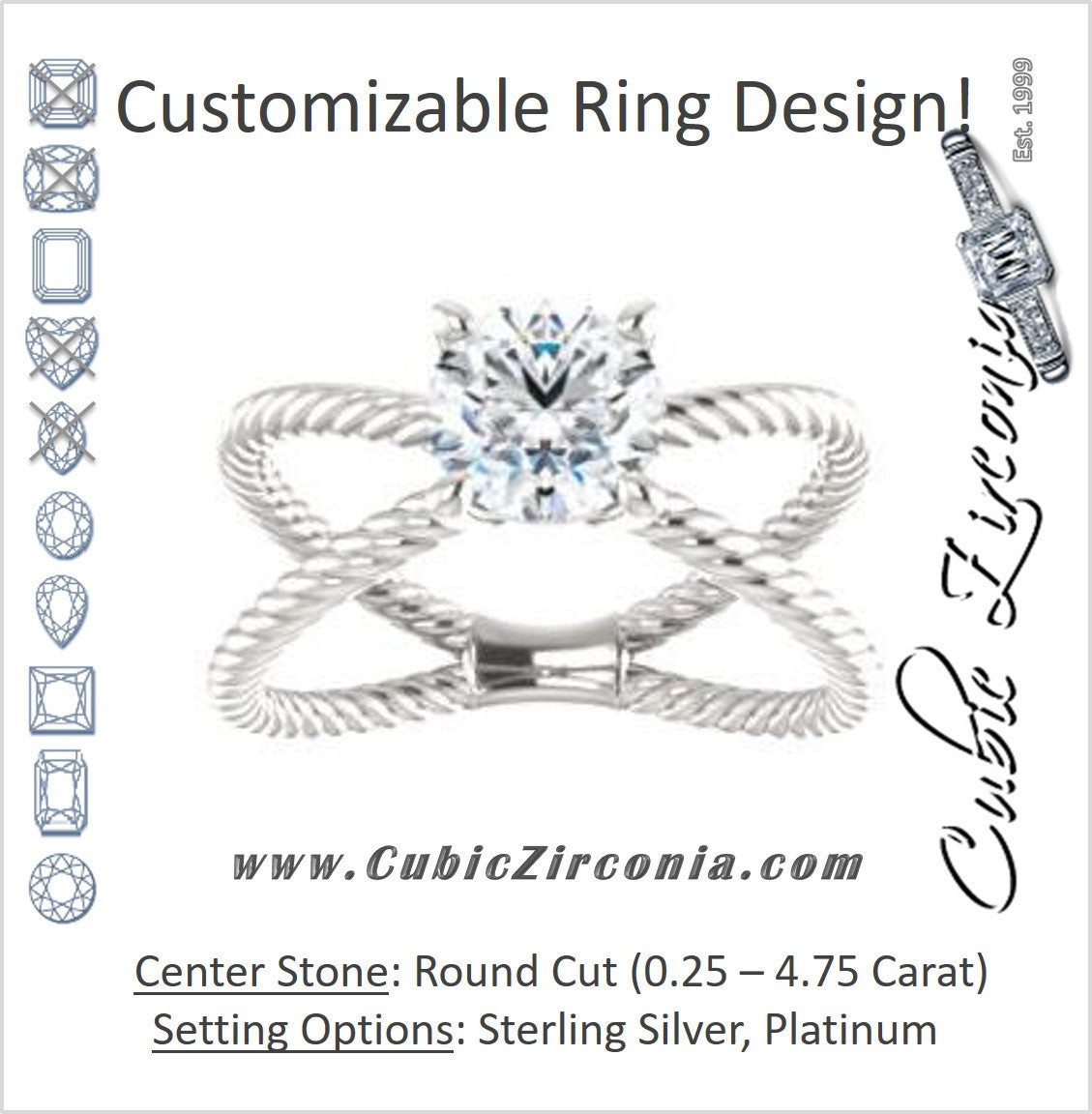 Cubic Zirconia Engagement Ring- The Zaylee (Customizable Round Cut Solitaire with Wide Rope-Braiding "X" Split Band)