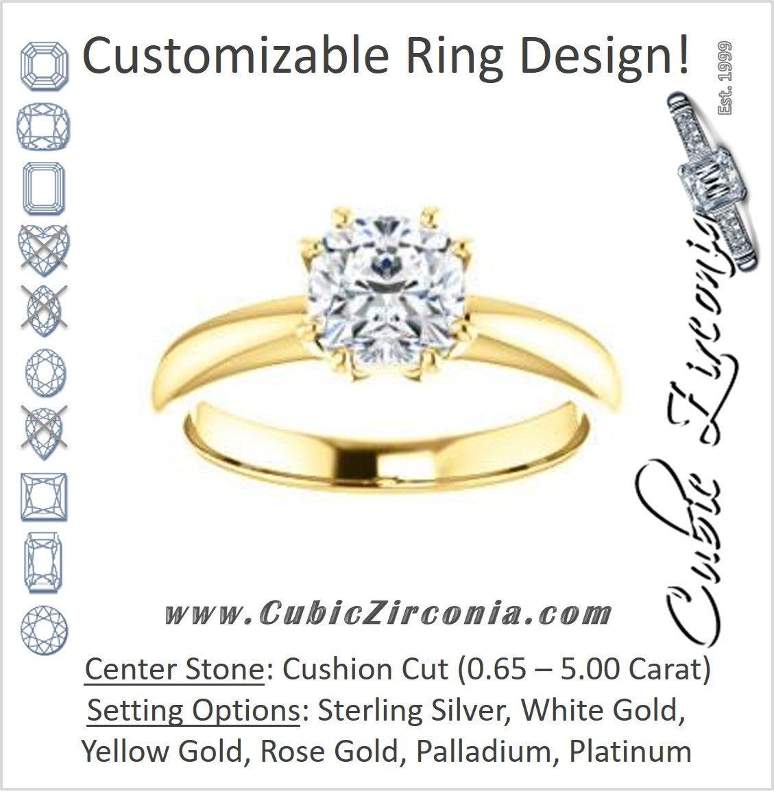 Cubic Zirconia Engagement Ring- The Ziitlaly (Customizable Cushion Cut Solitaire with High Basket)