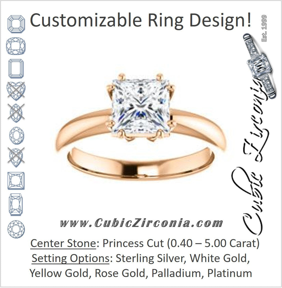 Cubic Zirconia Engagement Ring- The Ziitlaly (Customizable Princess Cut Solitaire with High Basket)