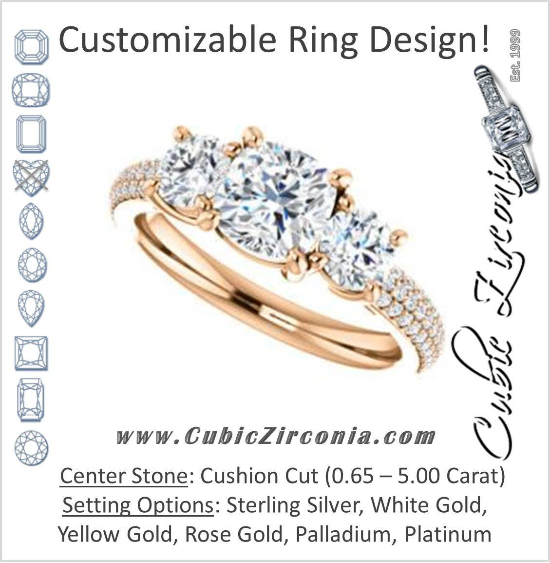Cubic Zirconia Engagement Ring- The Zuleyma (Customizable Enhanced 3-stone Cushion Cut Design with Triple Pavé Band)