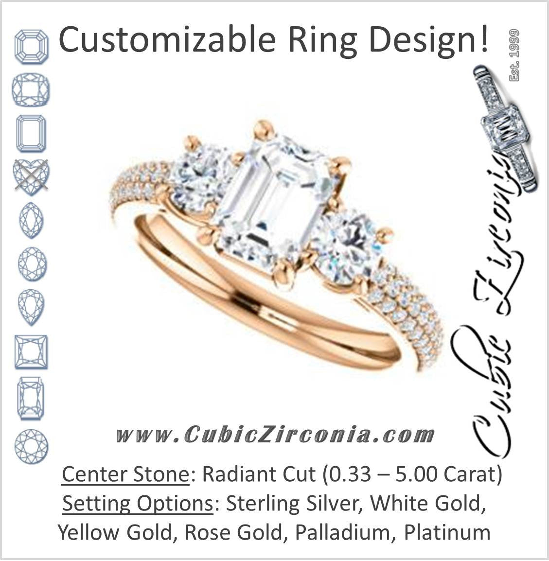 Cubic Zirconia Engagement Ring- The Zuleyma (Customizable Enhanced 3-stone Radiant Cut Design with Triple Pavé Band)