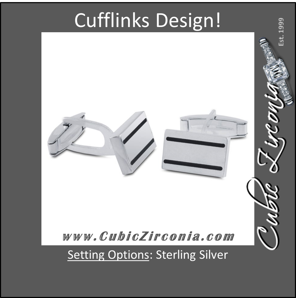 Men’s Cufflinks- Sterling Silver Rectangle with Black Resin Inlay Details