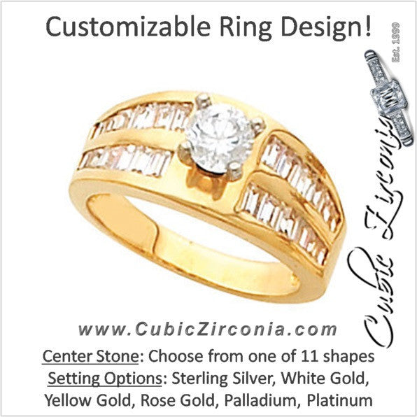 Cubic Zirconia Engagement Ring- The Juliana (Customizable Center with Double Row of Channel-set Baguettes)