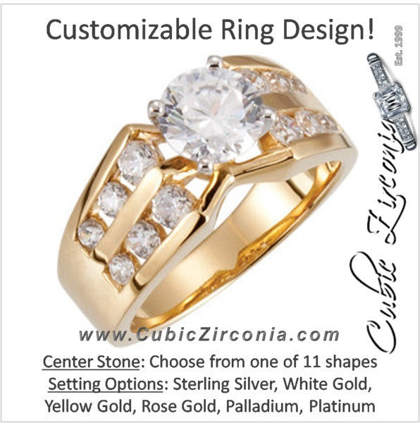 Cubic Zirconia Engagement Ring- The Marjorie (Customizable Center featuring Wide Band with Double-Row Round Channel Accents)